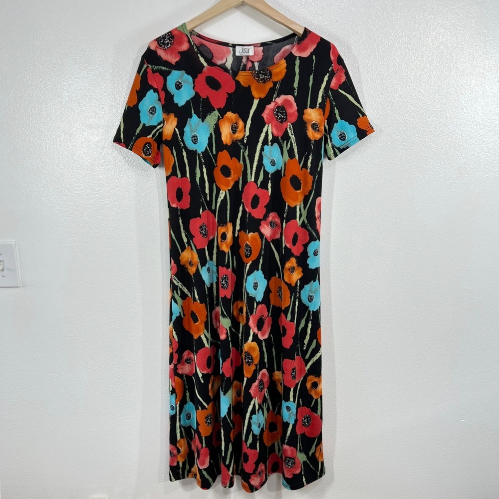 Vtg. Jostar Poppy Floral Travel Maxi Dress Slinky Stretch Knit Short Sleeve  USA
